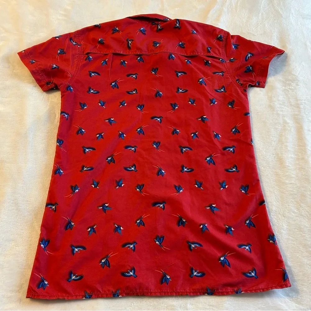 Tenth + Ocean red with blue birds short sleeve button down shirt size S summer